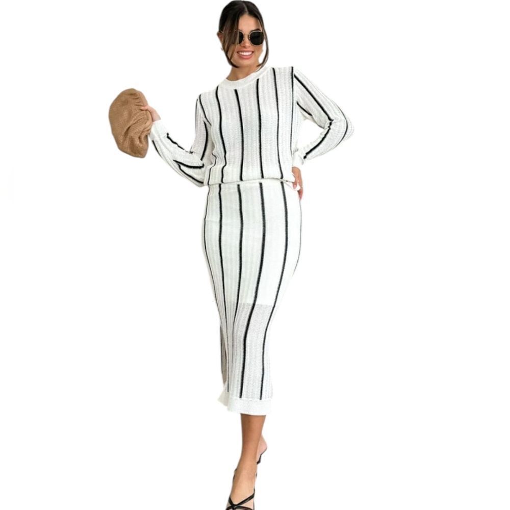 Fore Knit Long Sleeve Top And Skirt Set White Black Stripe Size XL